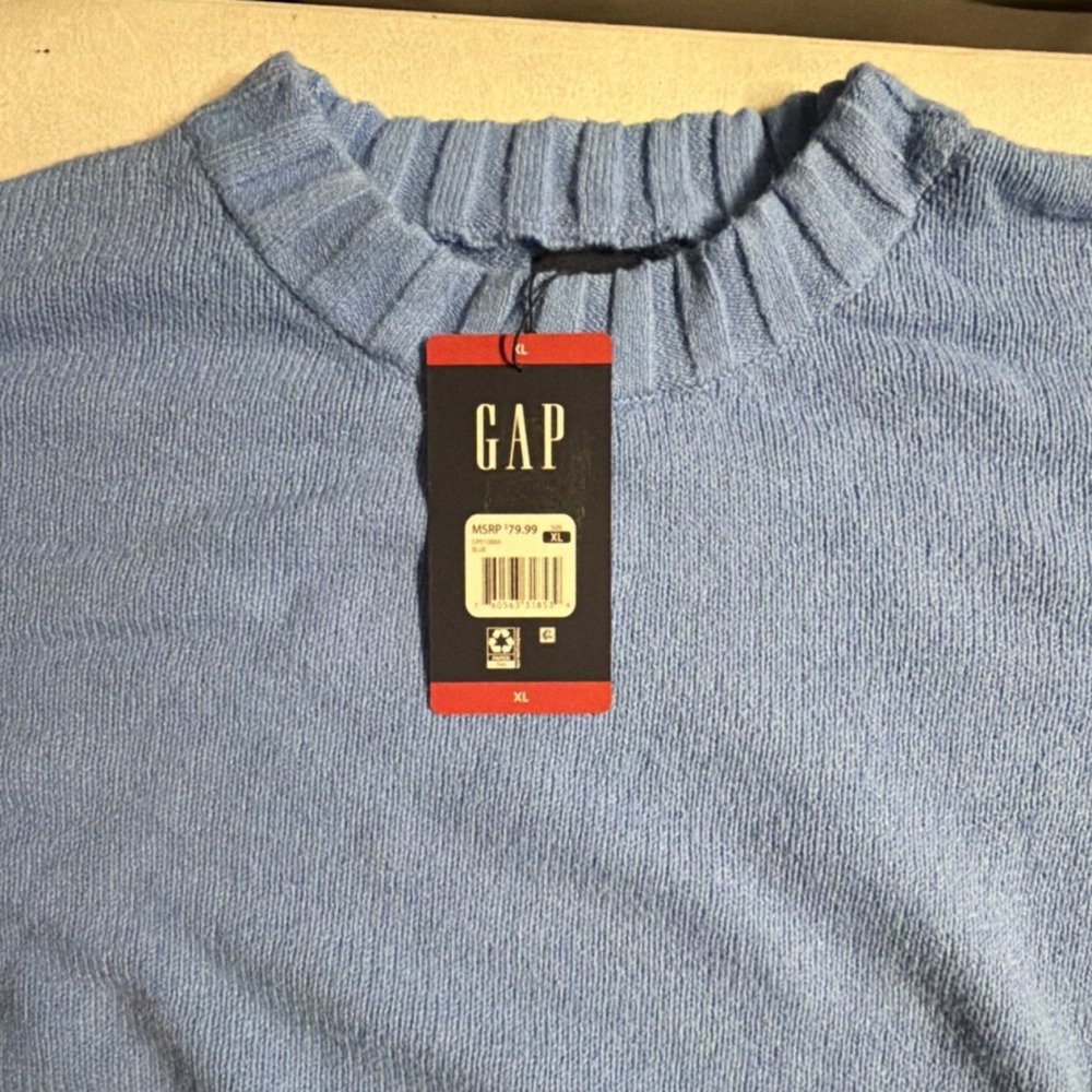 GAP Women's Blue Cotton Knit Crew Neck Pullover Sweater XL Ribbed Long Sleeve - Picture 2 of 5